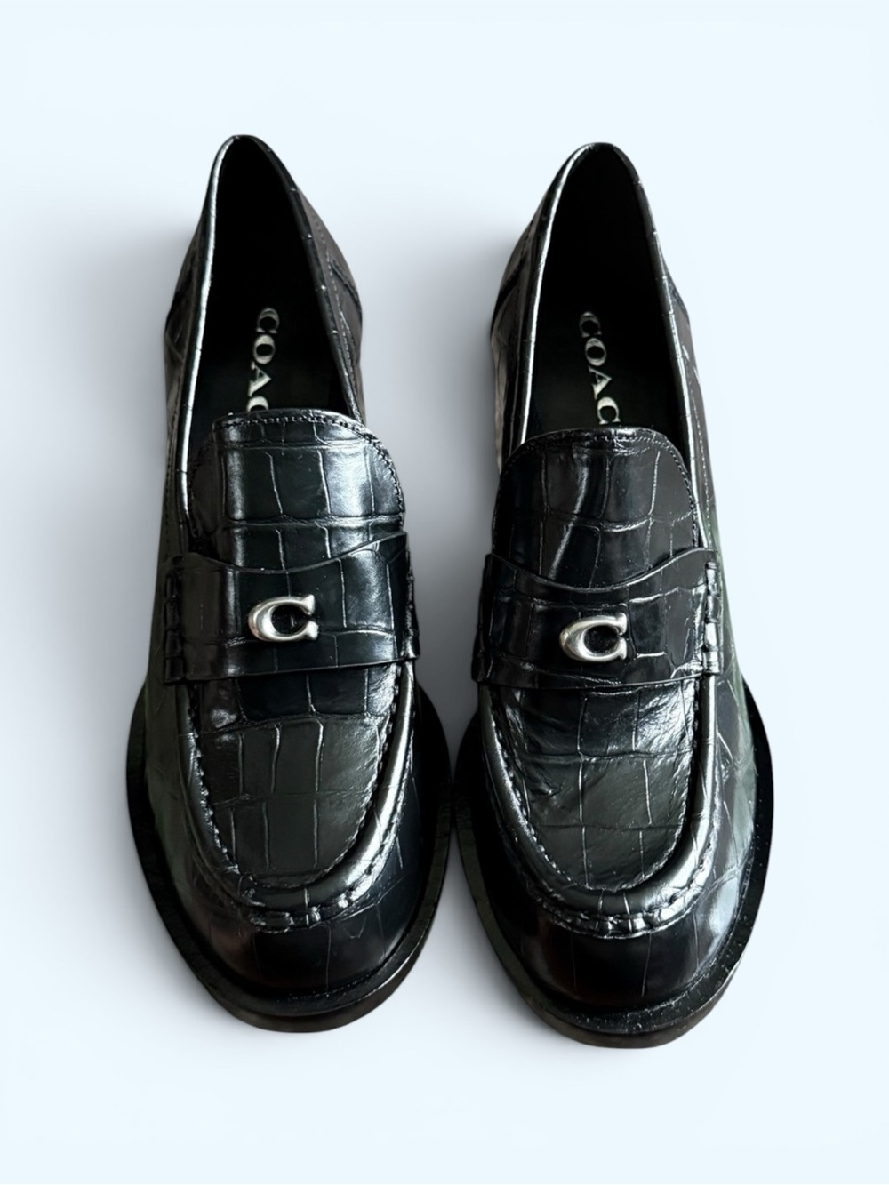 COACH Natalie Black Croc-Embossed Block Heel Loafer Size 8B Women